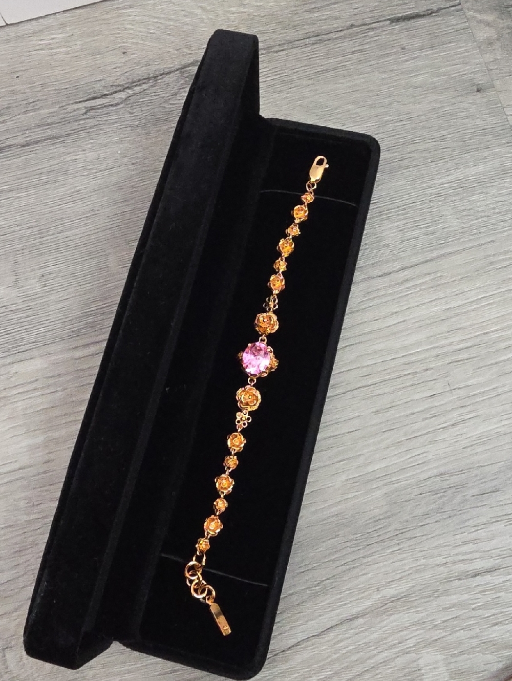 Gold Vermeil Floral Link Bracelet With Rose Pink Cubic Zirconia Badavici 1990s